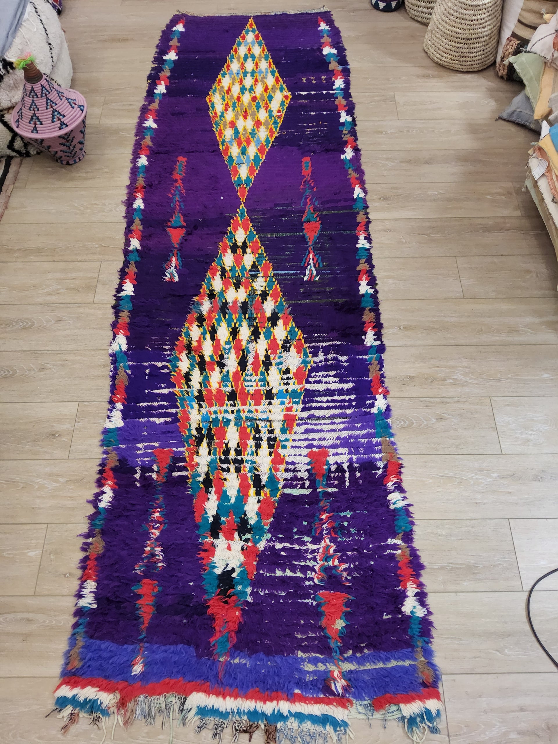 Grand Tapis Berbère Boucherouite - Tissé Main Maroc, Laine Multicolore, 290x87 Cm